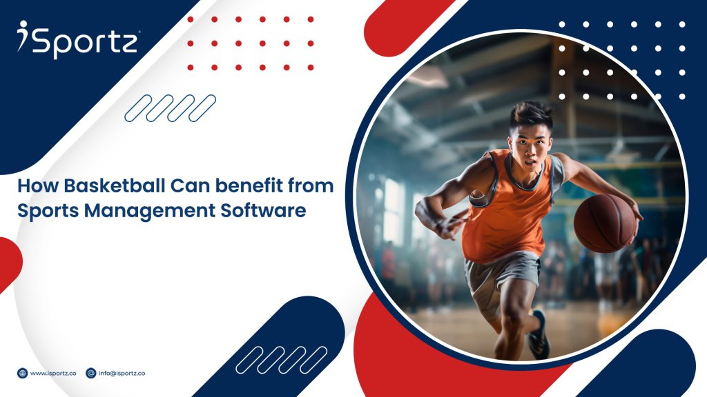 The image shows how sports management software benefits basketball clubs & teams. Blog title: How Basketball Can Benefit from Sports Management Software.