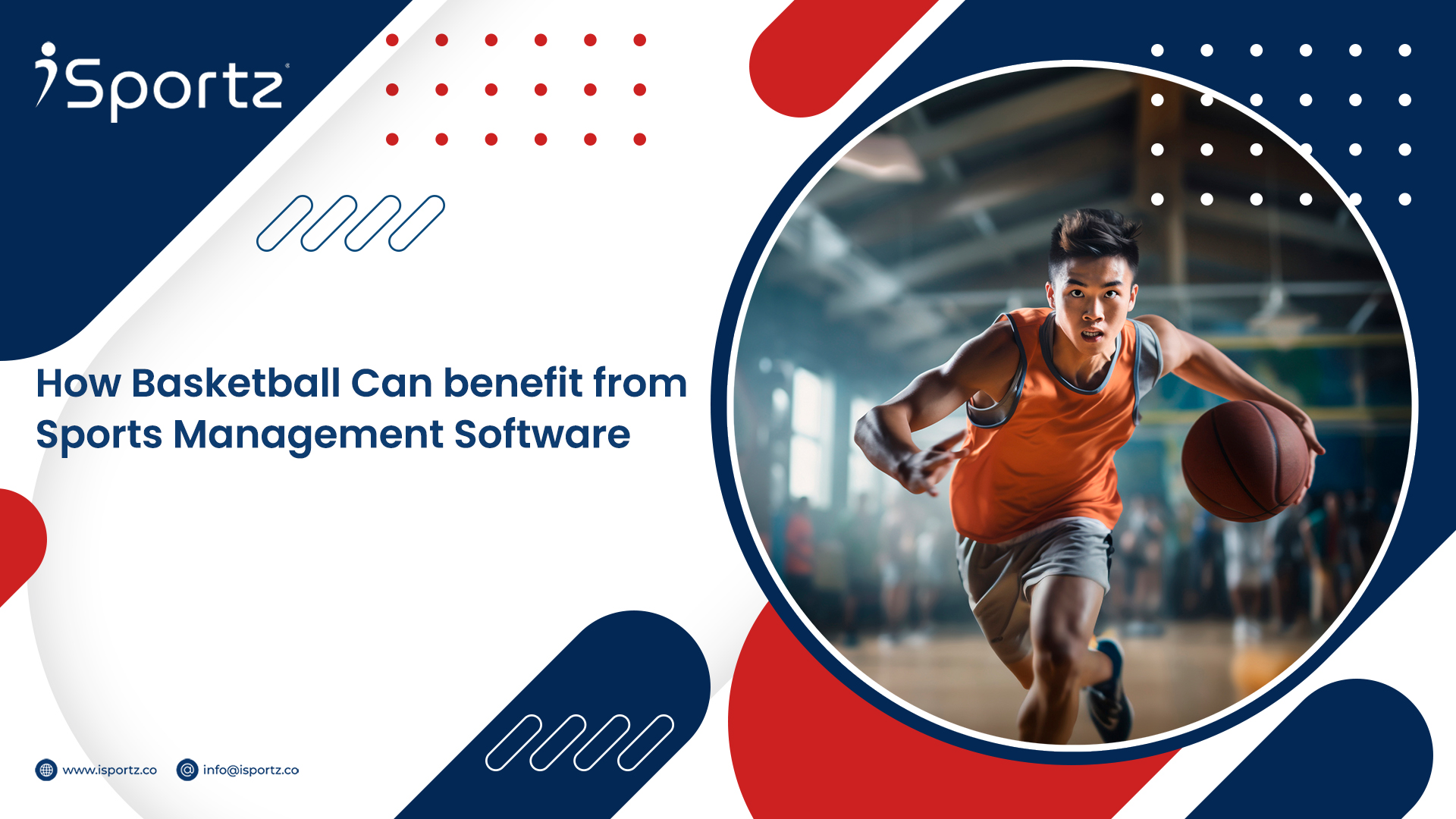 The image shows how sports management software benefits basketball clubs & teams. Blog title: How Basketball Can Benefit from Sports Management Software.