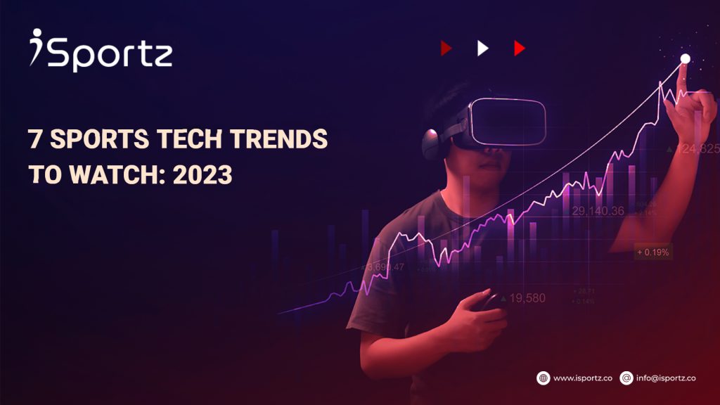 The image shows a person wearing a dark t-shirt and a VR headset pointing their finger towards an upward growing graph and the reads as "7 Sports Tech Trends To Watch: 2023"