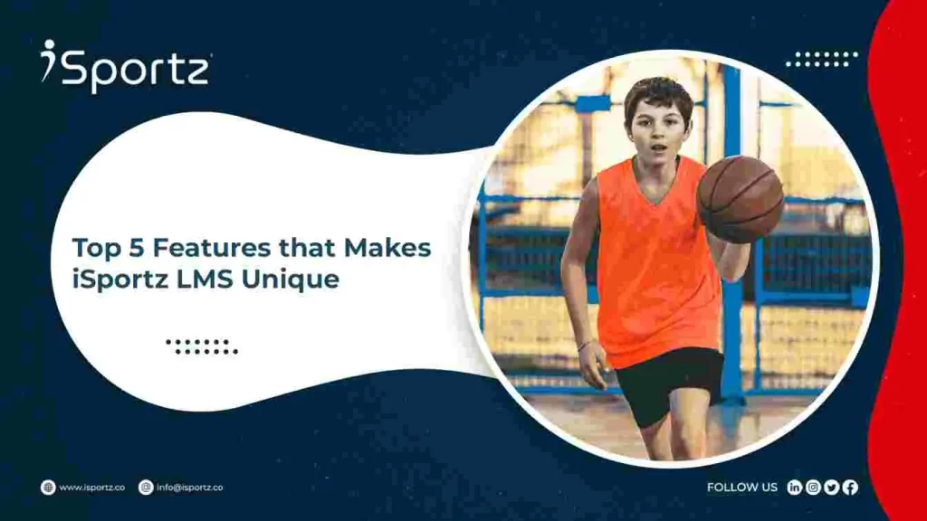 A kid dribbling basketball on the right and the text on the left reads”Top 5 Features that makes iSportz LMS Unique”