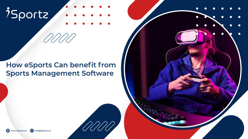 A boy wearing a VR headset and holding joysticks in his hands. The text "How eSports Can Benefit from Sports Management Software" is on the left side of the image.