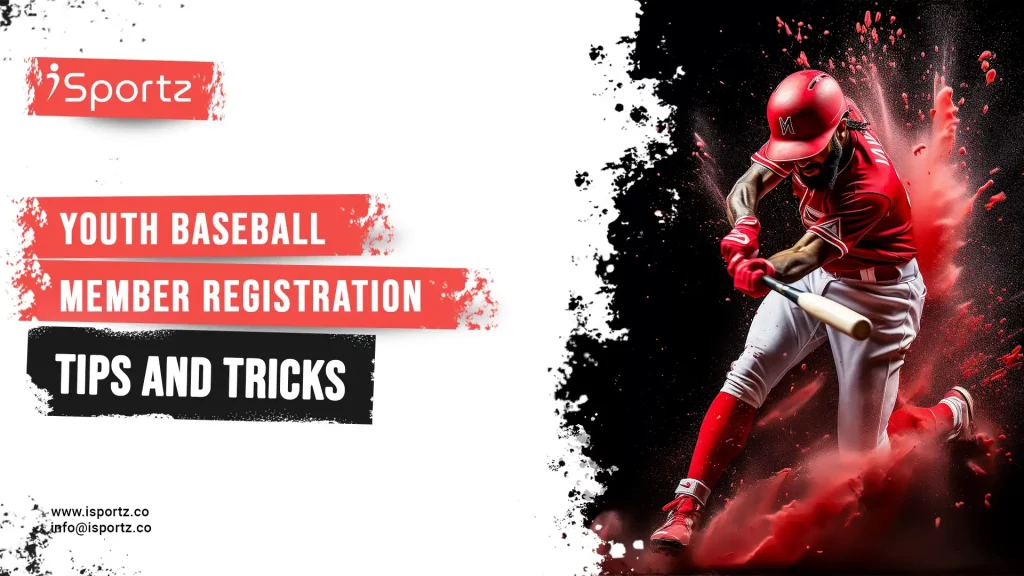 A young baseball player swings a bat, connecting with the ball as it streaks towards the left side of the image. Text overlay reads "Youth Baseball Member Registration Tips and Tricks